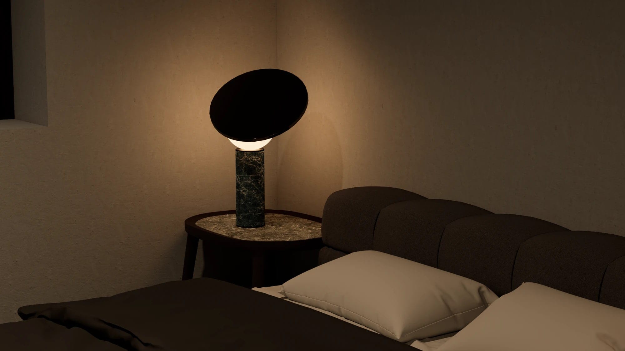 Detal przy łóżku: lampa stołowa z zielonego marmuru z pochylonym ciemnym kloszem na stoliku z kamiennym blatem, wizualizacja 3D