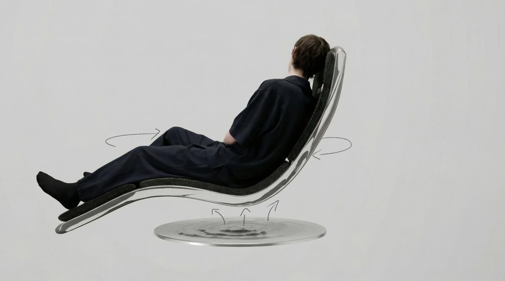 Side view of a person lying back in UNOS, with hand-drawn arrows showing the chair lifting above its base