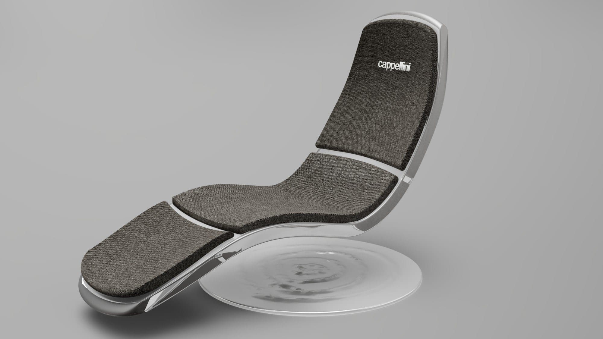 UNOS lounge chair with dark fabric cushions on a curved frosted acrylic body above a round brushed steel base, 3D render