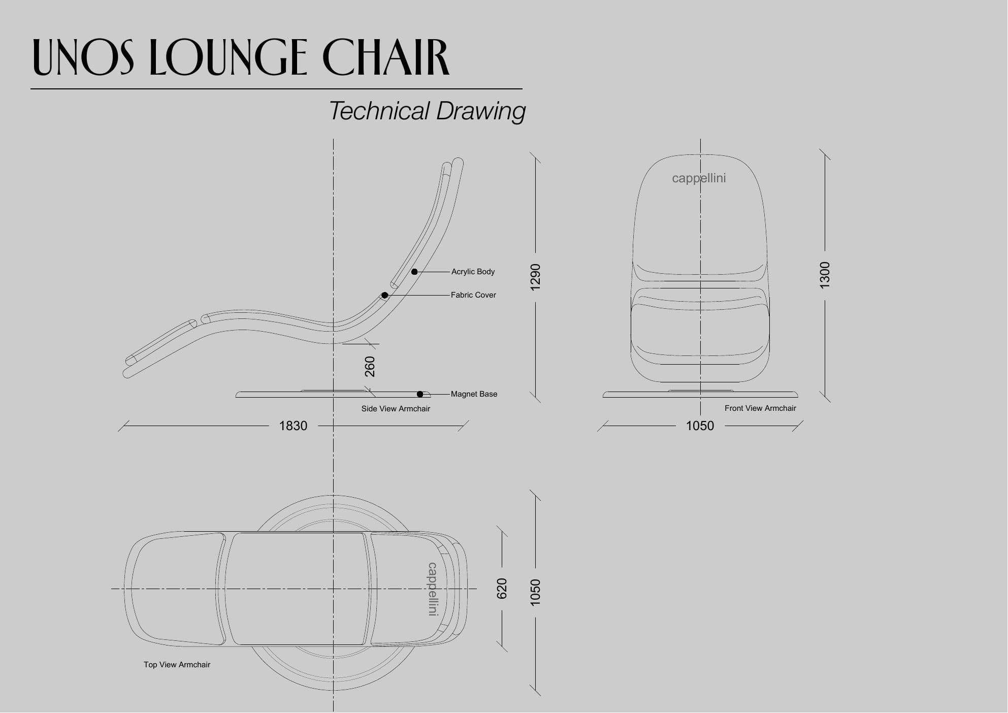 Technical drawing of UNOS: side, front and top views with dimensions