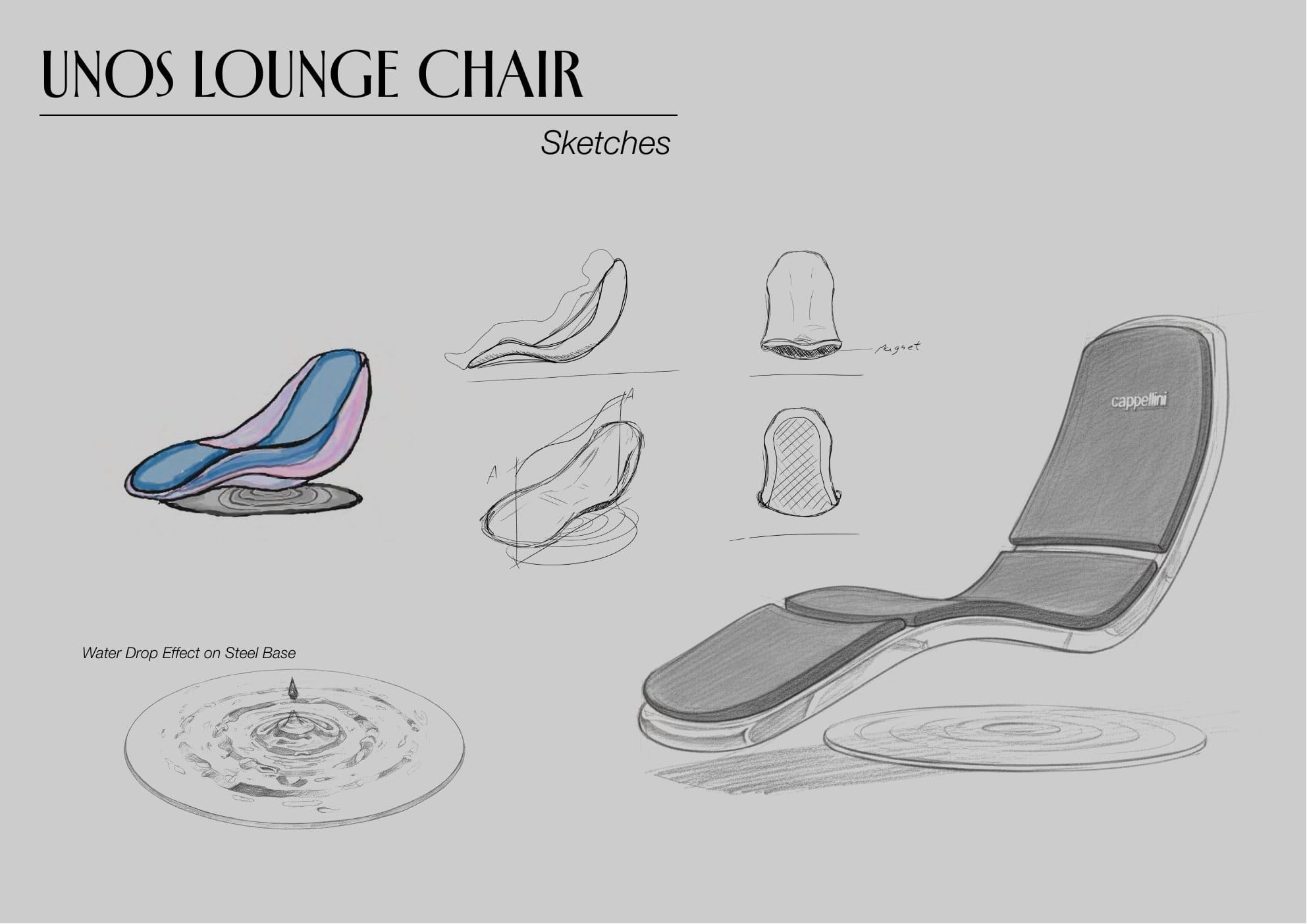 Concept sketches of UNOS and the water-drop effect on its steel base