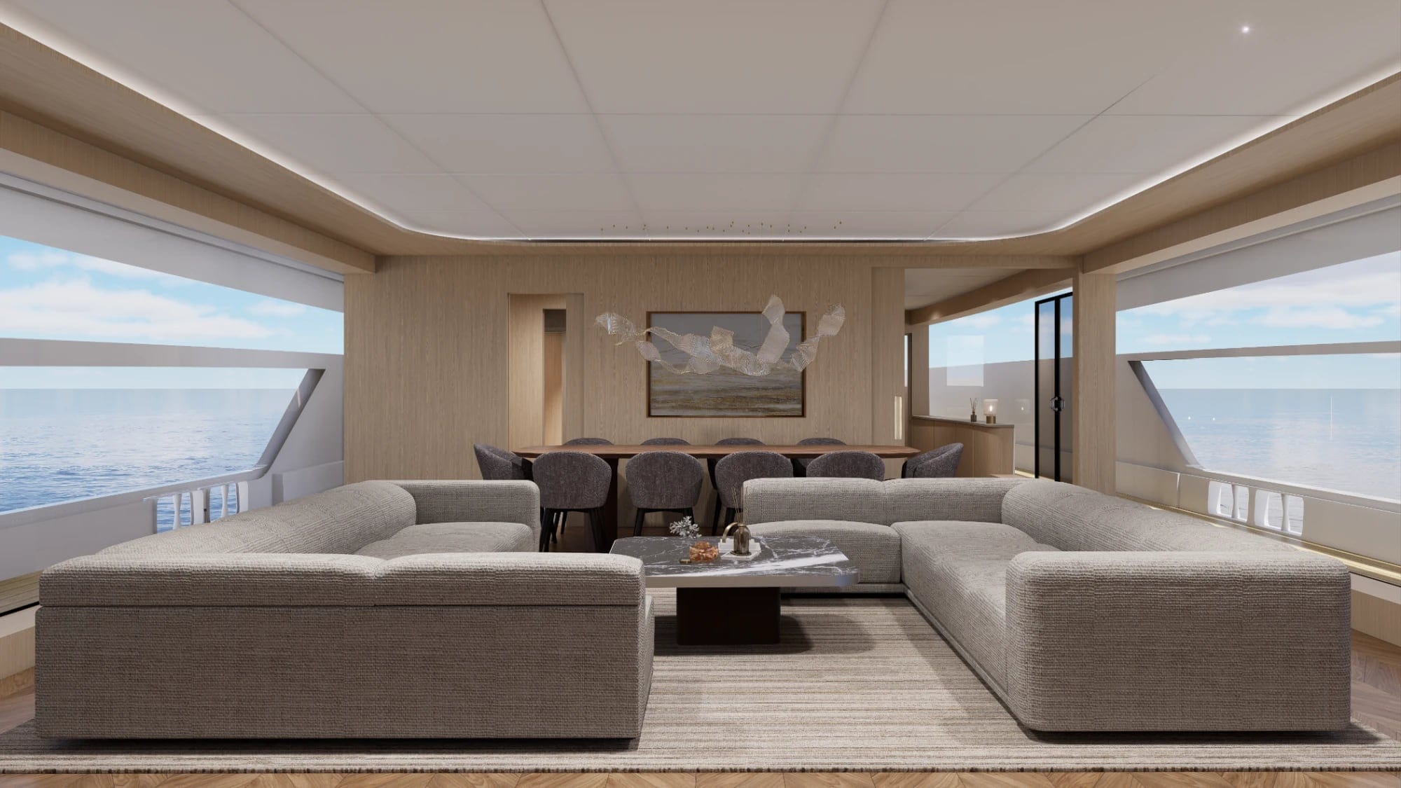 Yacht saloon in pale oak with two large sofas, a dark marble table, a dining table and windows onto the sea on both sides, 3D render