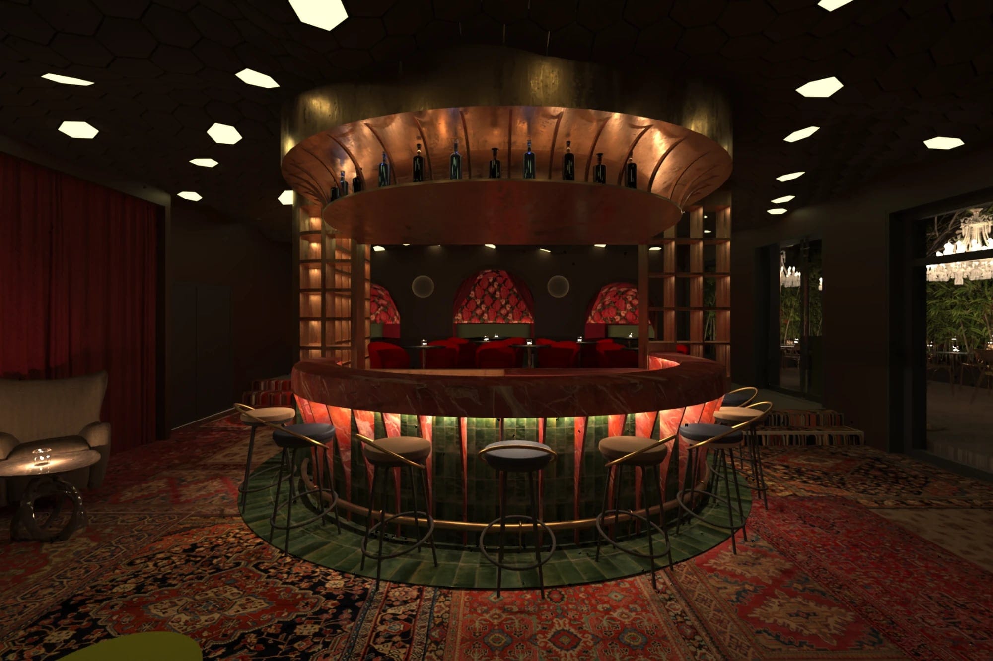 Round bar under a copper canopy with a red stone counter, green tiles and velvet stools on Persian rugs, 3D render