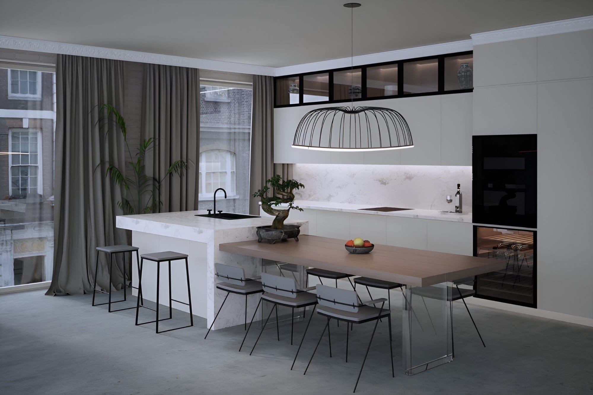 Kitchen with a white stone island, a timber dining table on glass legs and a large wire pendant, 3D render