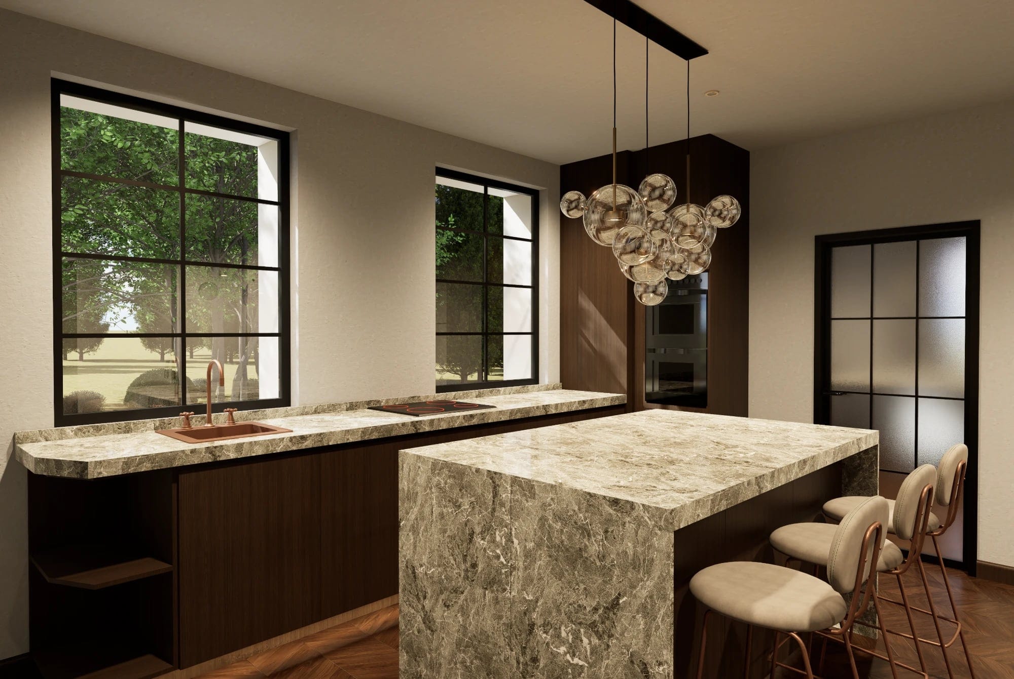 Kitchen with a veined stone island, dark wood cabinets, copper bar stools and glass pendant lights, 3D render