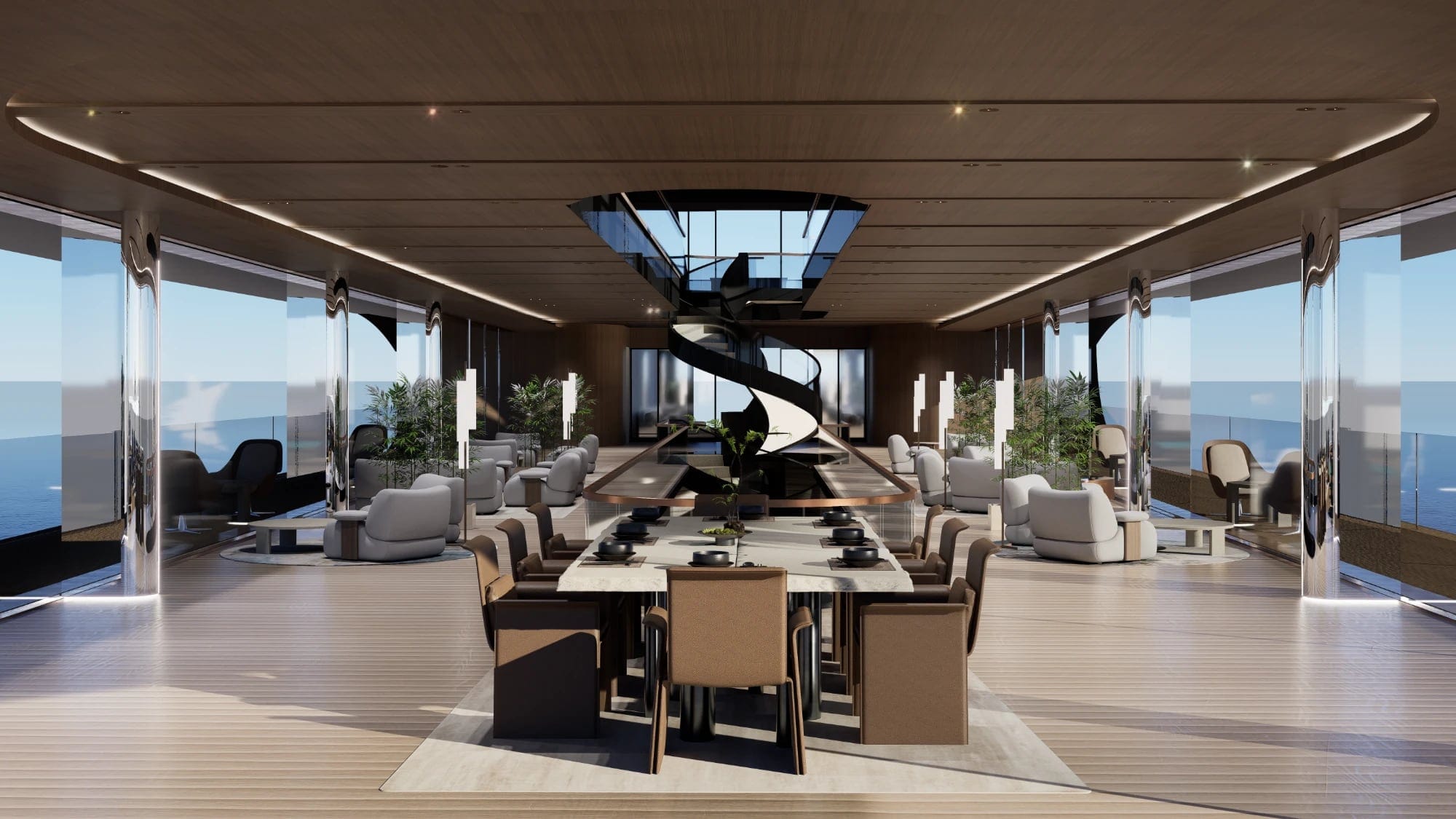 Main saloon of a 70 metre yacht with a long dining table, lounges, a spiral staircase and glass walls onto the sea, 3D render